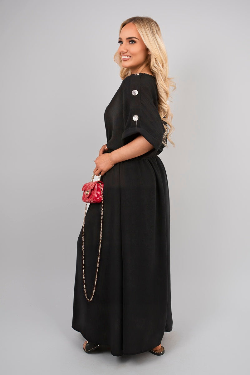 V Neck Short Sleeve Maxi Dress with Button Detail - She Wears Glory Beverly Hills