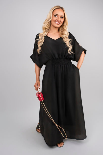 V Neck Short Sleeve Maxi Dress with Button Detail - She Wears Glory Beverly Hills