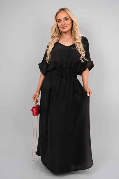 V Neck Short Sleeve Maxi Dress with Button Detail - She Wears Glory Beverly Hills