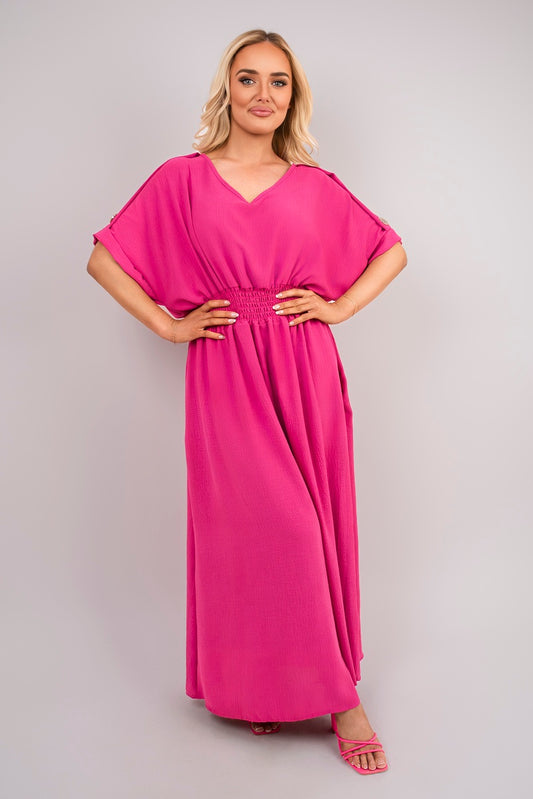 V Neck Short Sleeve Maxi Dress with Button Detail - She Wears Glory Beverly Hills