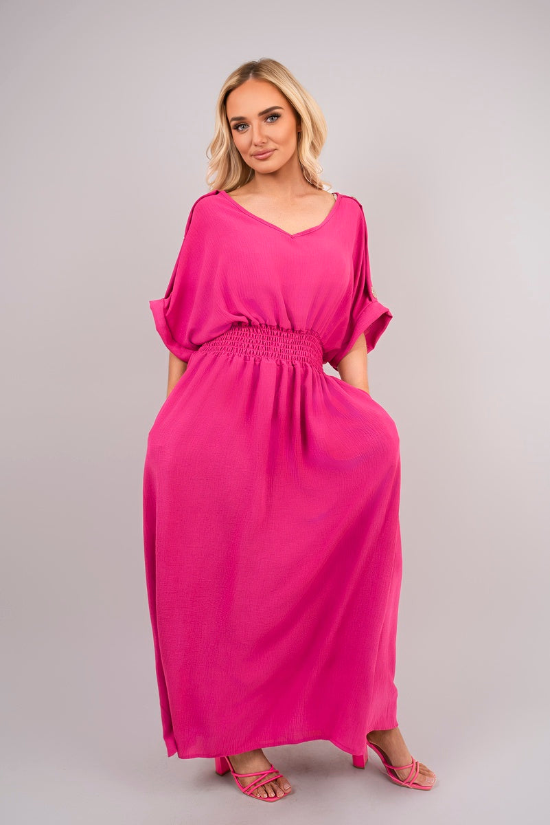V Neck Short Sleeve Maxi Dress with Button Detail - She Wears Glory Beverly Hills