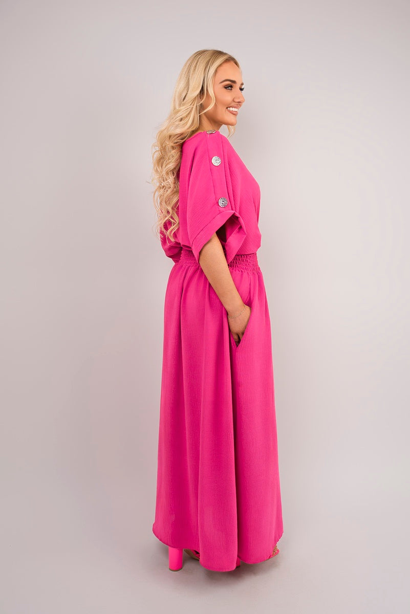 V Neck Short Sleeve Maxi Dress with Button Detail - She Wears Glory Beverly Hills