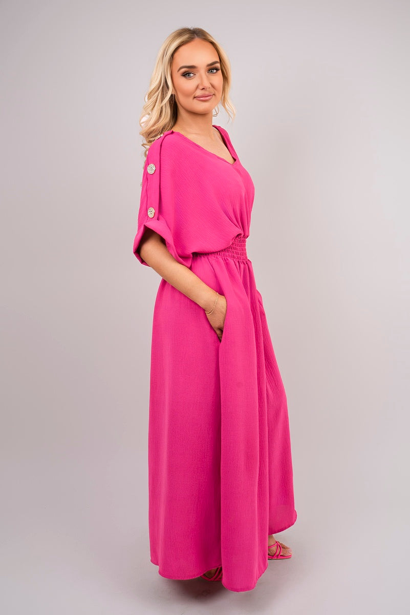 V Neck Short Sleeve Maxi Dress with Button Detail - She Wears Glory Beverly Hills