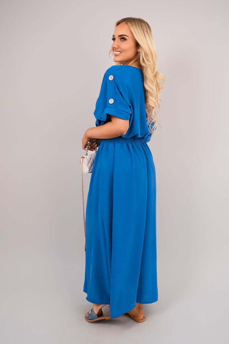 V Neck Short Sleeve Maxi Dress with Button Detail - She Wears Glory Beverly Hills