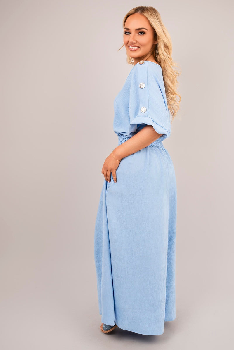 V Neck Short Sleeve Maxi Dress with Button Detail - She Wears Glory Beverly Hills