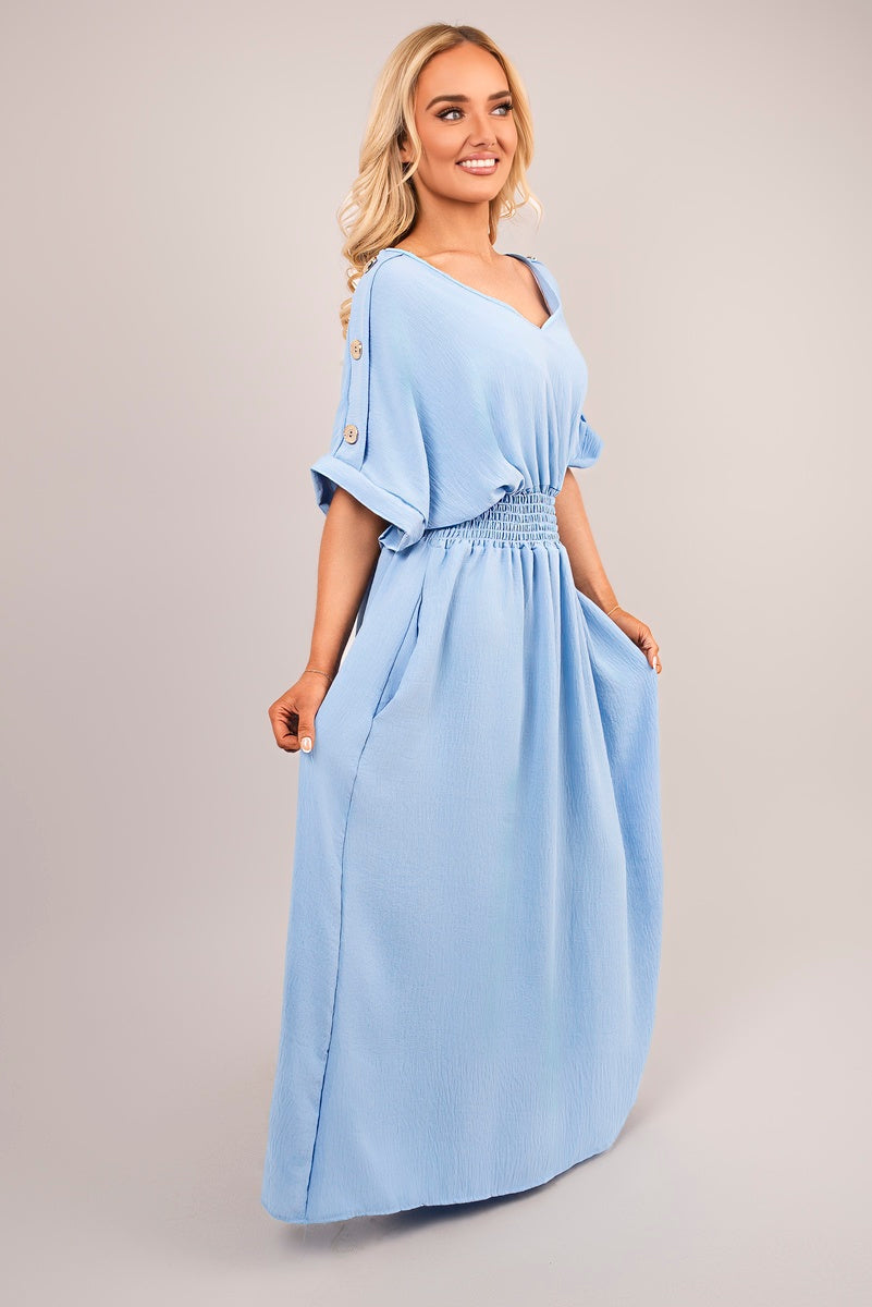 V Neck Short Sleeve Maxi Dress with Button Detail - She Wears Glory Beverly Hills