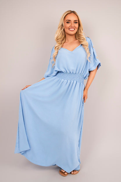 V Neck Short Sleeve Maxi Dress with Button Detail - She Wears Glory Beverly Hills