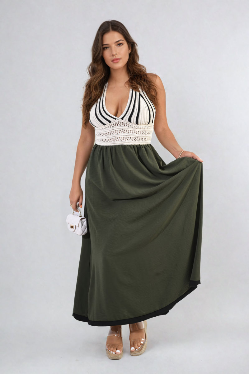 She Wears Glory™ Crochet V-Neck Halter Backless Maxi Dress