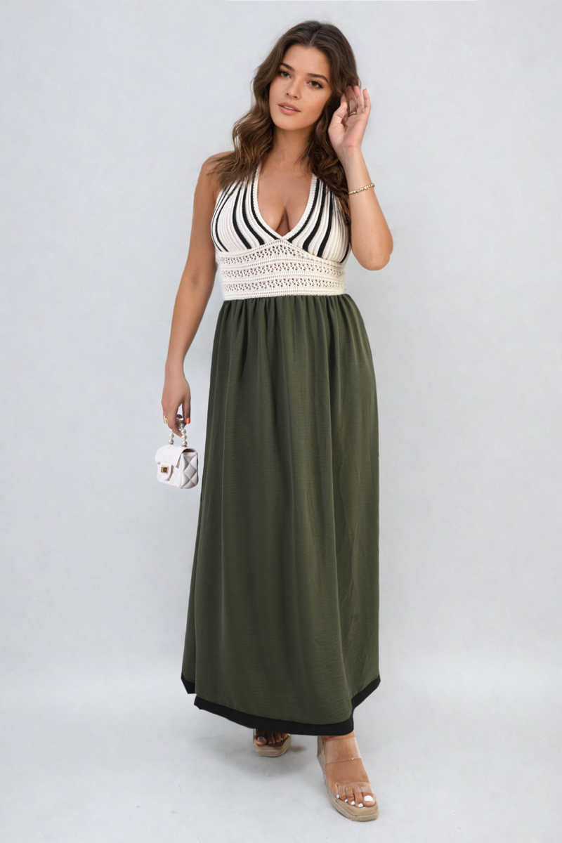 She Wears Glory™ Crochet V-Neck Halter Backless Maxi Dress