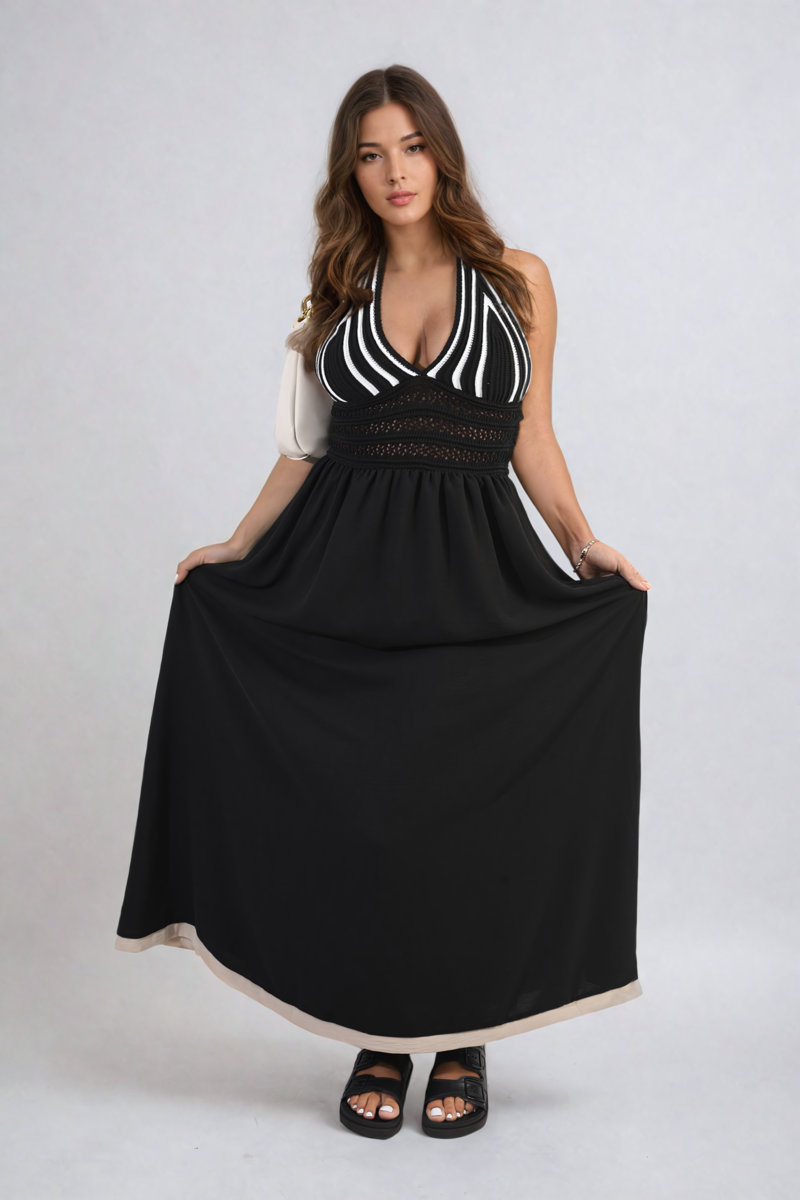 She Wears Glory™ Crochet V-Neck Halter Backless Maxi Dress
