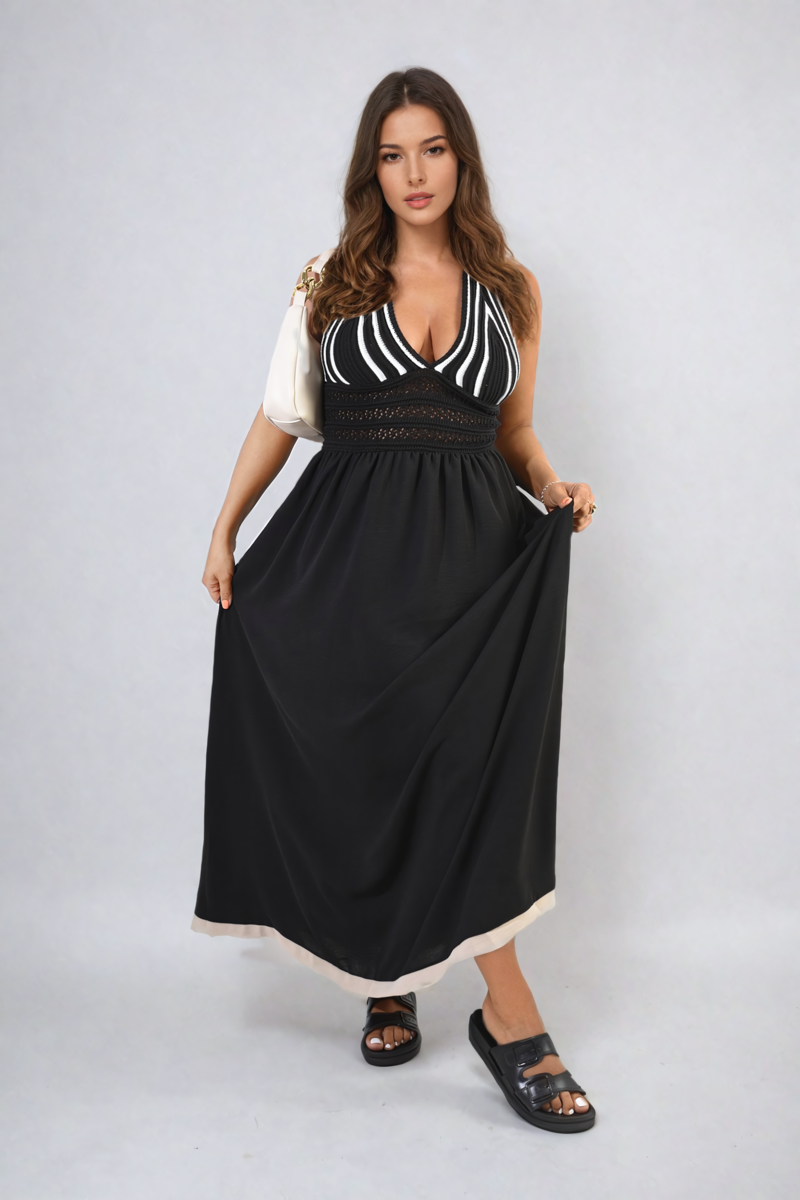 She Wears Glory™ Crochet V-Neck Halter Backless Maxi Dress
