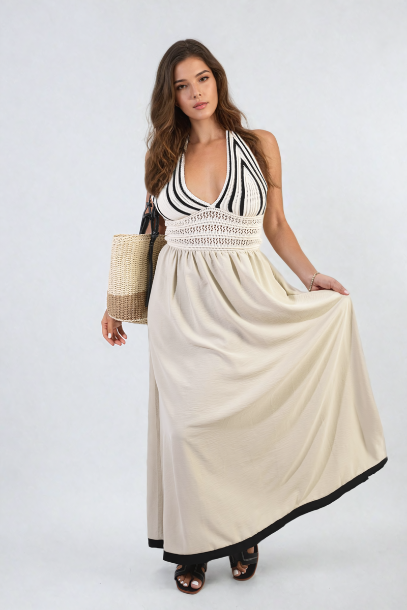 She Wears Glory™ Crochet V-Neck Halter Backless Maxi Dress