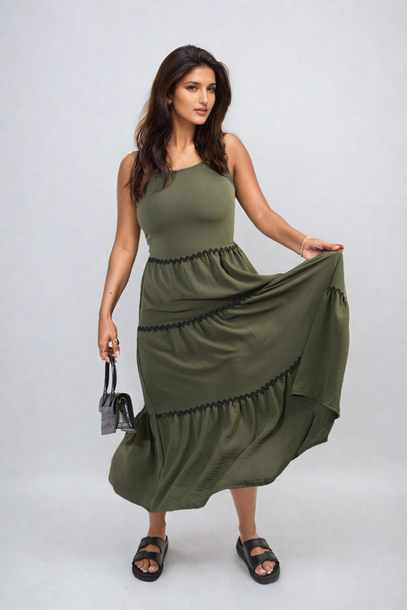 She Wears Glory™ Contrast Ric Rac Detail Multi Tiered Maxi Dress