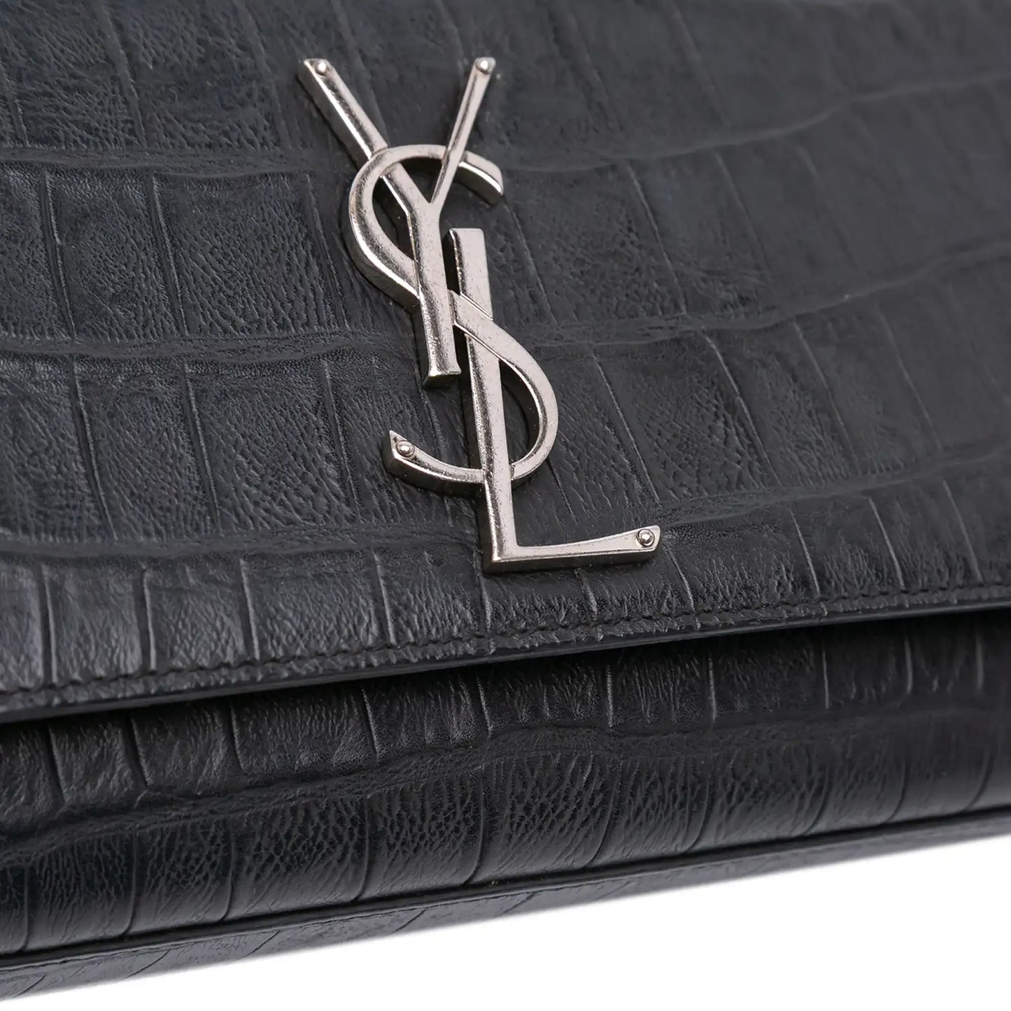 Saint Laurent Croc Embossed Leather Monogram Cassandre Clutch