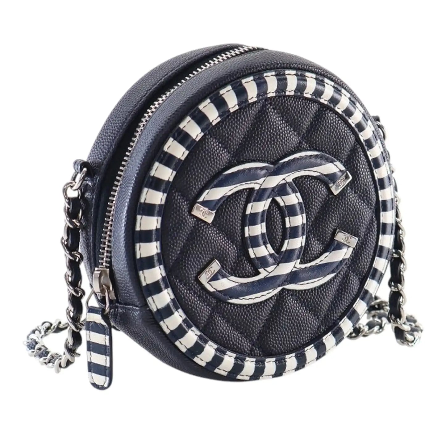 Chanel Caviar Striped CC Filigree Round Crossbody