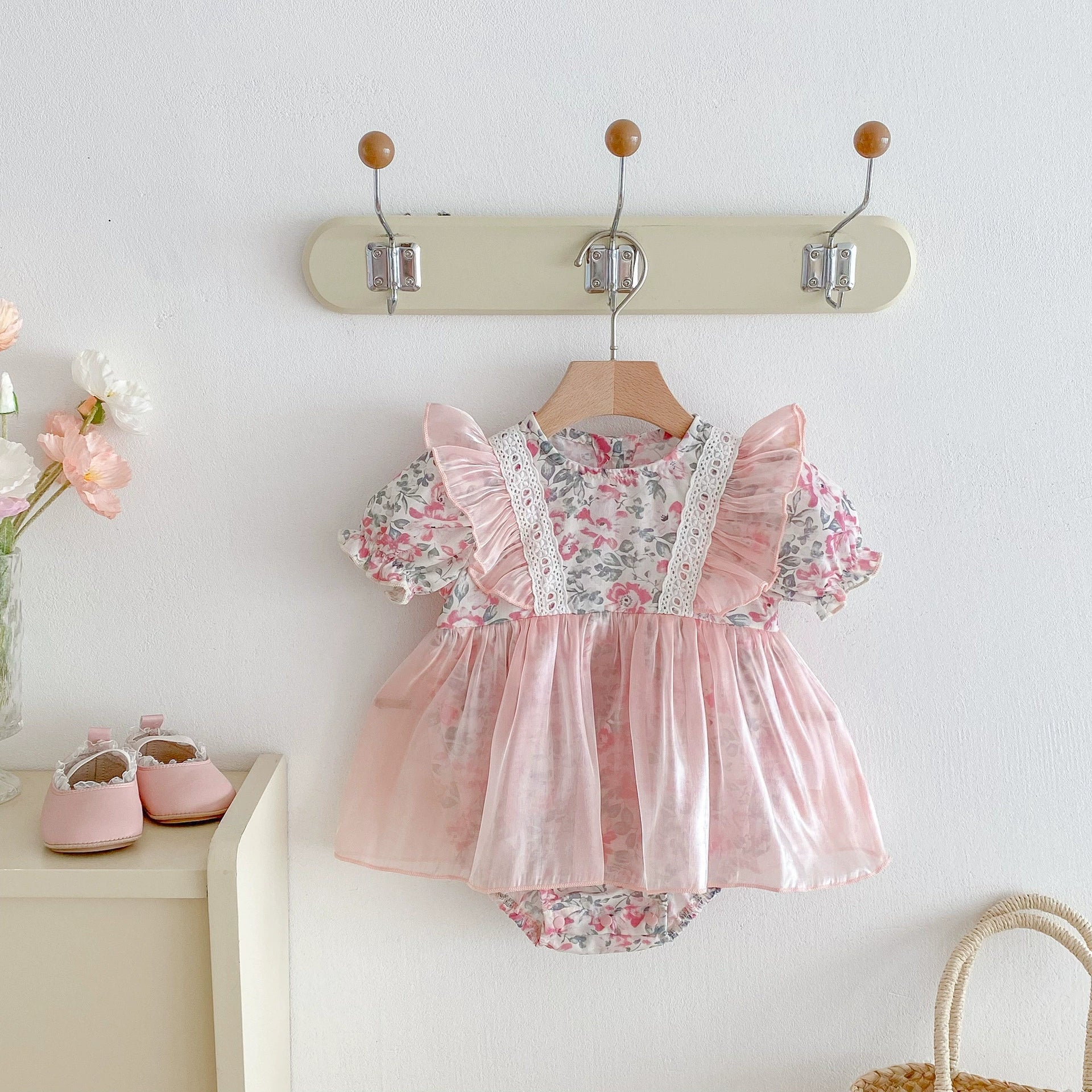 Summer Arrival Baby Girls Color Patchwork Floral Short Sleeves Tulle Onesies Dress-4