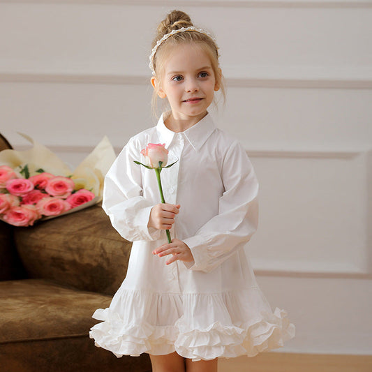 Spring and Autumn Solid Color Single Breasted Long-sleeved Dress for Stylish Girls-0