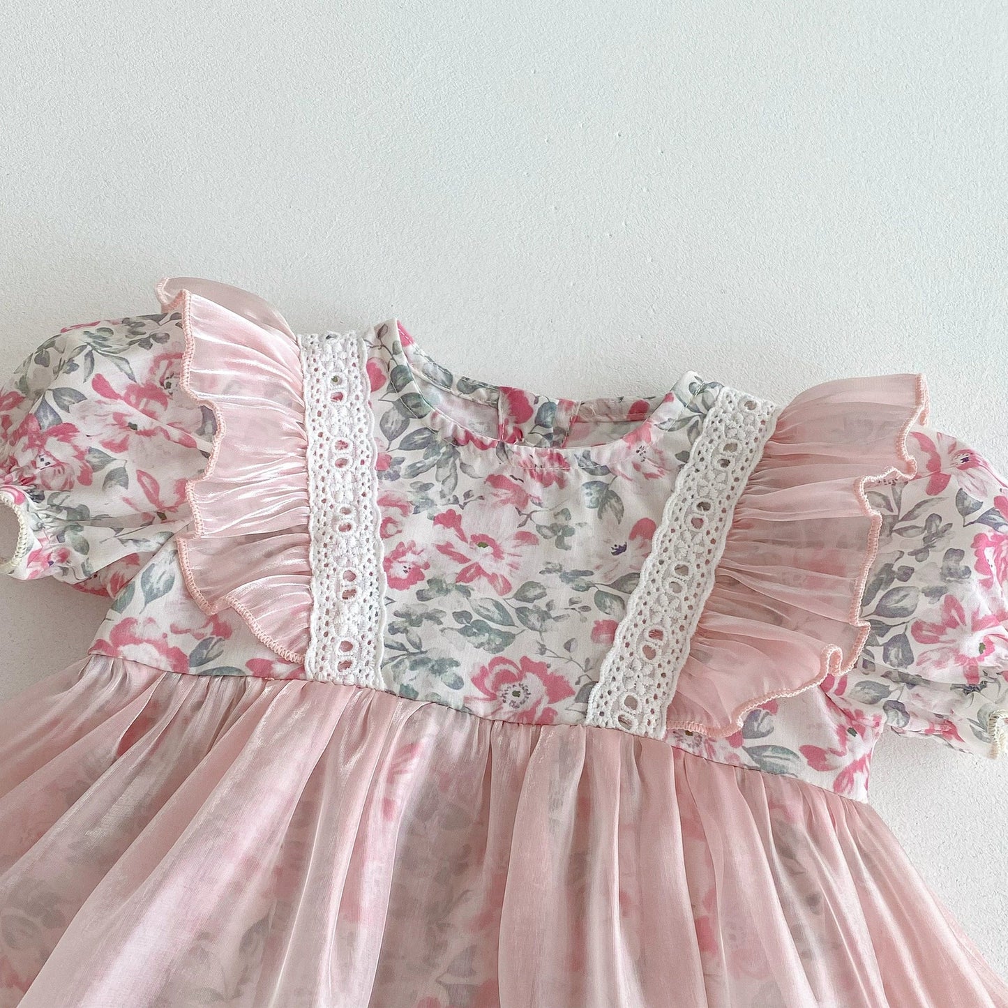 Summer Arrival Baby Girls Color Patchwork Floral Short Sleeves Tulle Onesies Dress-2