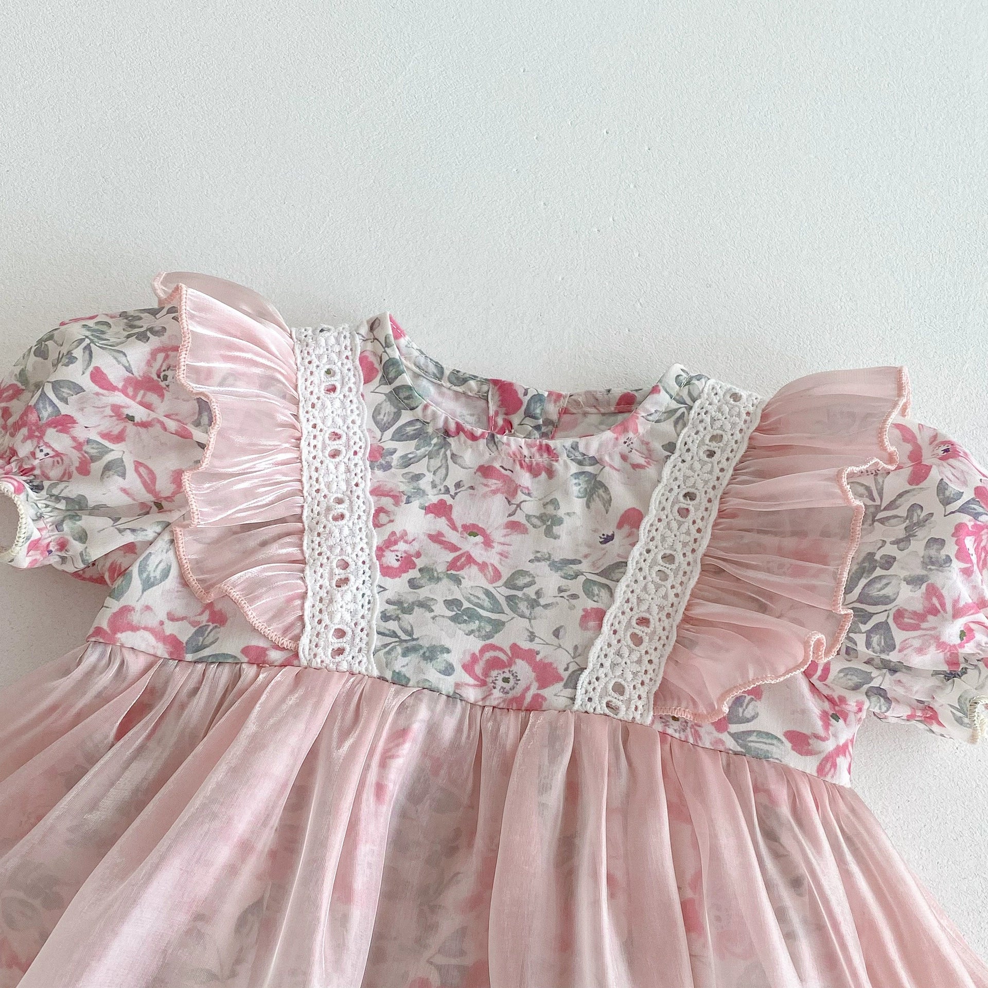 Summer Arrival Baby Girls Color Patchwork Floral Short Sleeves Tulle Onesies Dress-2