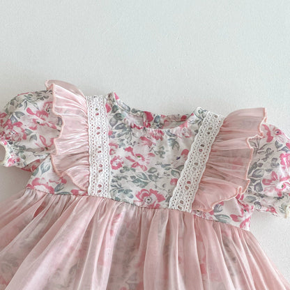 Summer Arrival Baby Girls Color Patchwork Floral Short Sleeves Tulle Onesies Dress-2