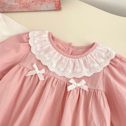 Spring Arrival Baby Girls Long Sleeves Floral Embroidered Collar Onesies Bodysuits-1