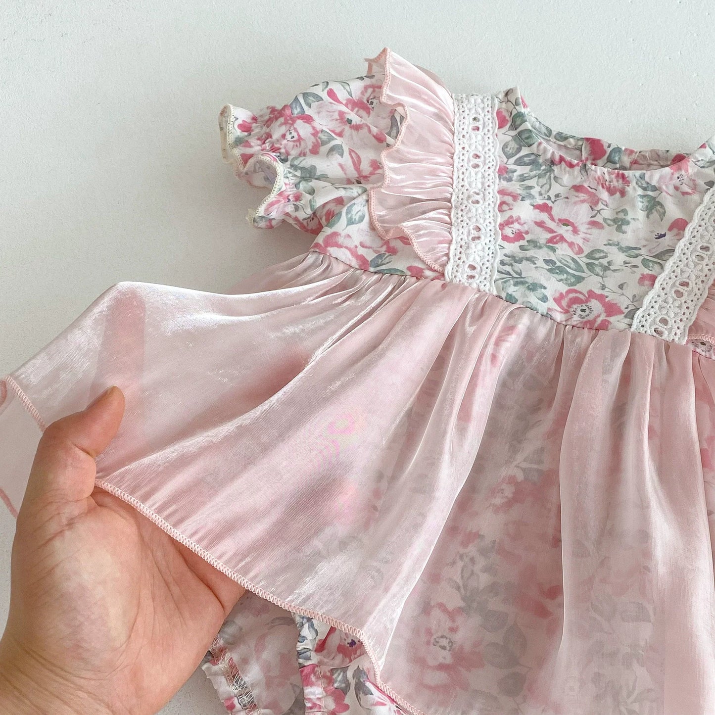 Summer Arrival Baby Girls Color Patchwork Floral Short Sleeves Tulle Onesies Dress-3