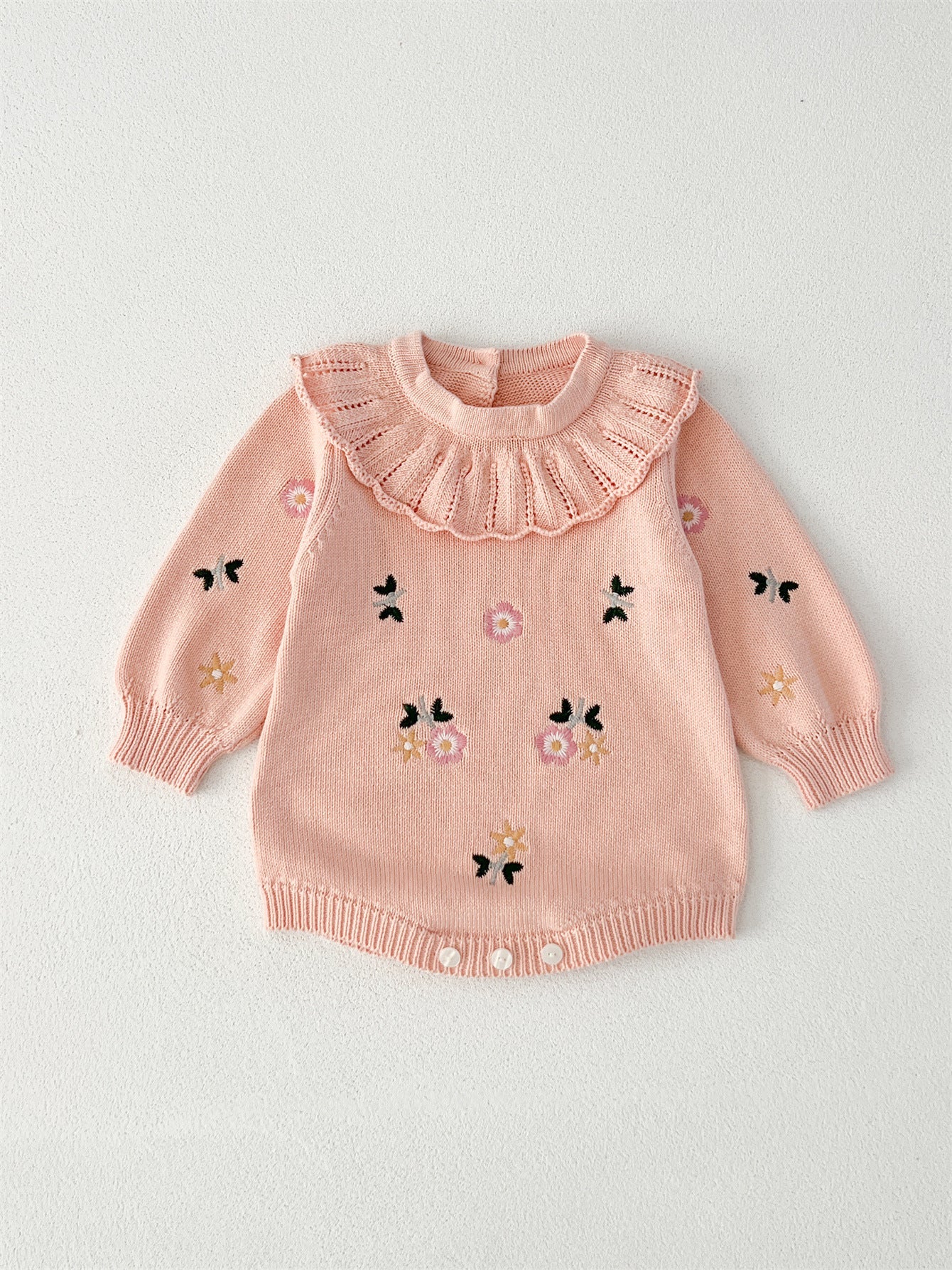 Autumn New Arrival Baby Girls Flowers and Butterfly Embroidery Pattern Long Sleeves Onesies with Collar-1