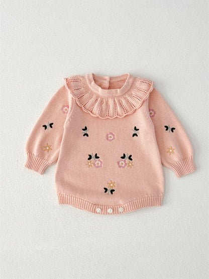Autumn New Arrival Baby Girls Flowers and Butterfly Embroidery Pattern Long Sleeves Onesies with Collar-1