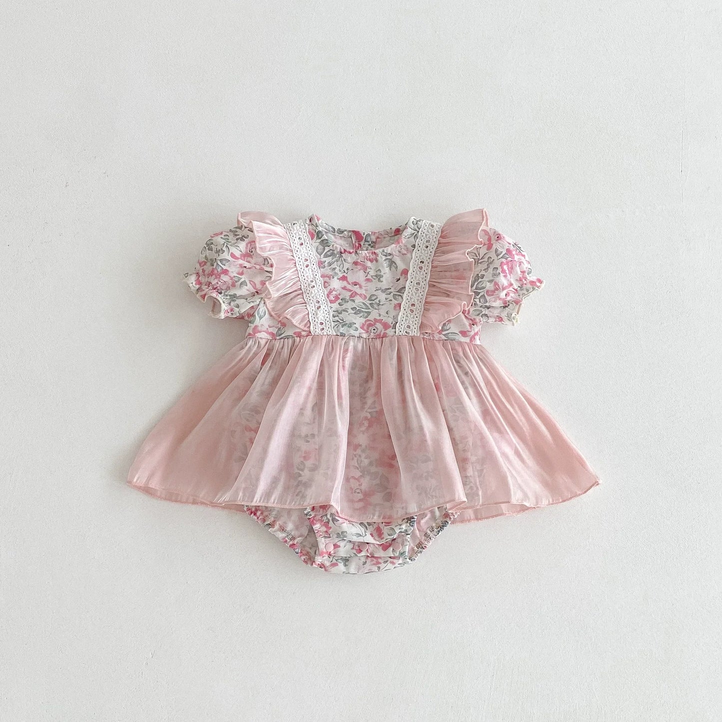 Summer Arrival Baby Girls Color Patchwork Floral Short Sleeves Tulle Onesies Dress-1