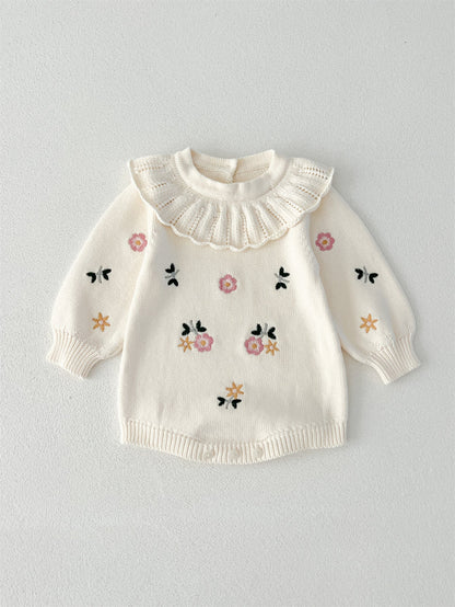 Autumn New Arrival Baby Girls Flowers and Butterfly Embroidery Pattern Long Sleeves Onesies with Collar-2