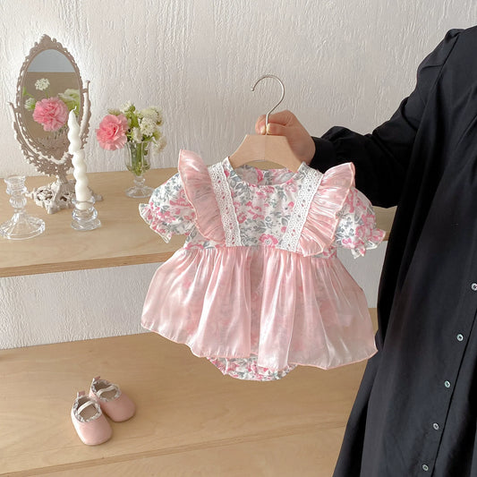 Summer Arrival Baby Girls Color Patchwork Floral Short Sleeves Tulle Onesies Dress-0