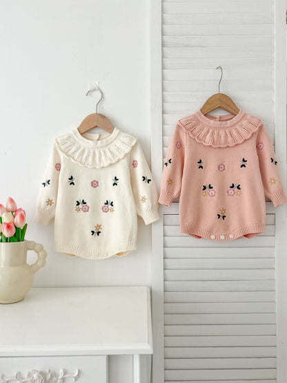 Autumn New Arrival Baby Girls Flowers and Butterfly Embroidery Pattern Long Sleeves Onesies with Collar-0