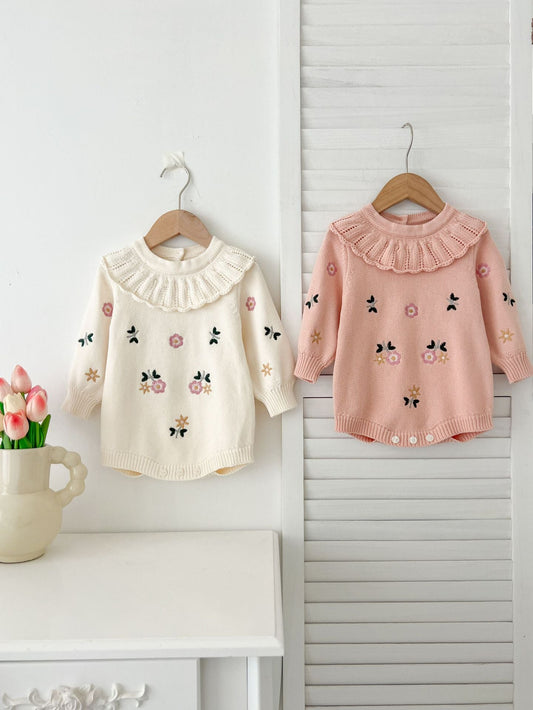 Autumn New Arrival Baby Girls Flowers and Butterfly Embroidery Pattern Long Sleeves Onesies with Collar-0